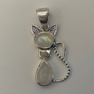 Pear & Oval Cabochon Rainbow Moonstone Silver Cat Pendant